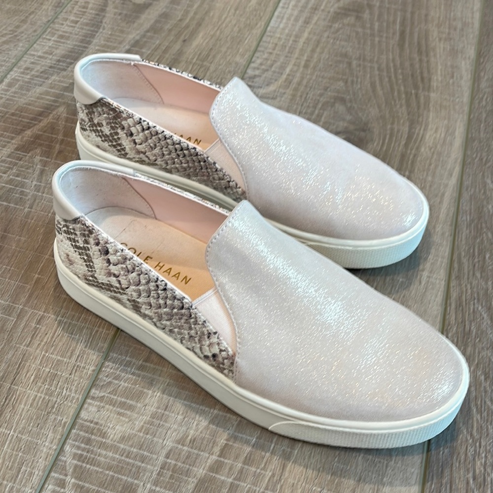 Cole Haan Women’s Slip-On Sneakers in Shimmery Pale Pink and Snake Print